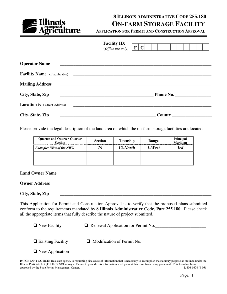 Form IL406-1674 On-Farm Storage Facility Application for Permit and Construction Approval - Illinois, Page 1