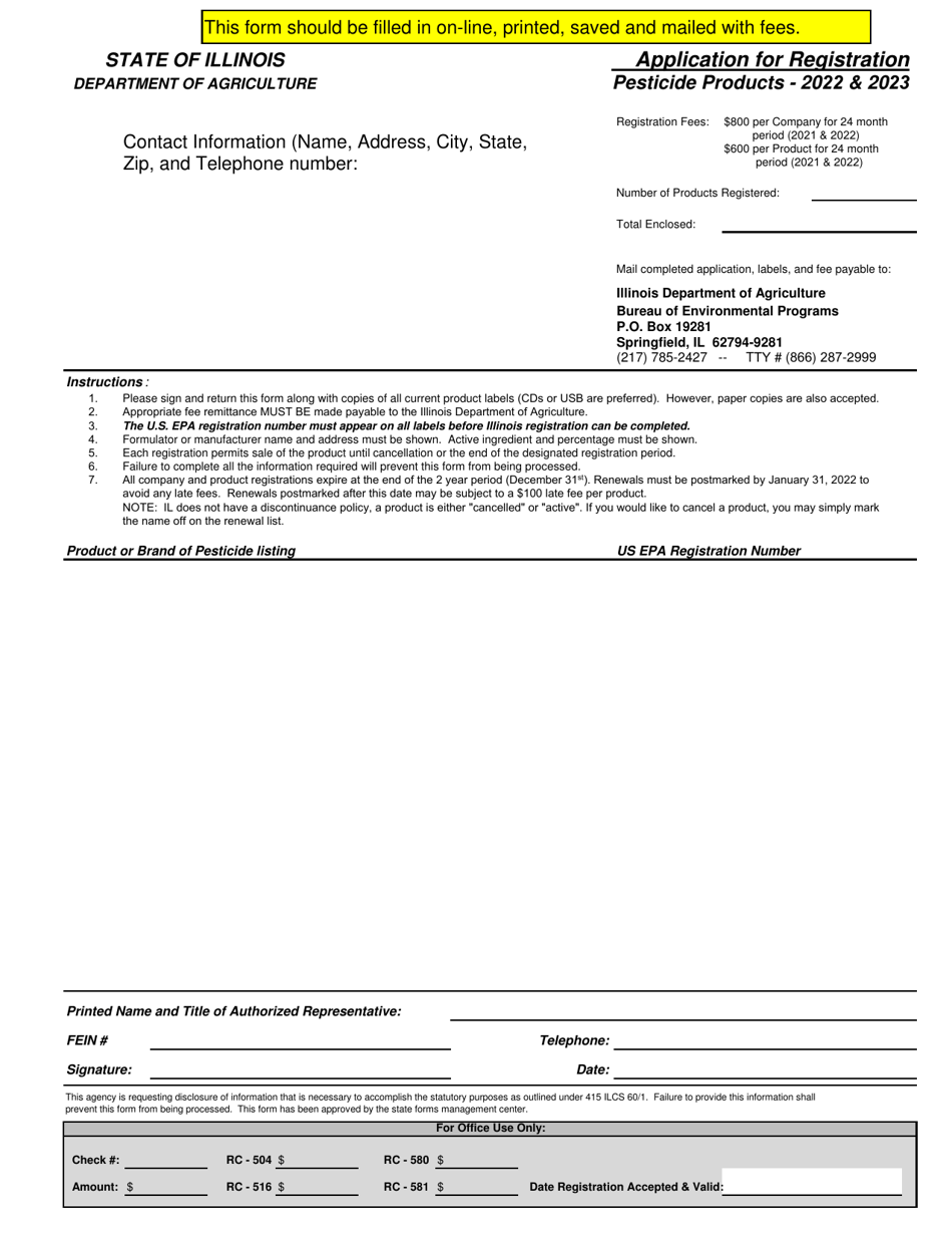 2023 Illinois Application for Registration Pesticide Products