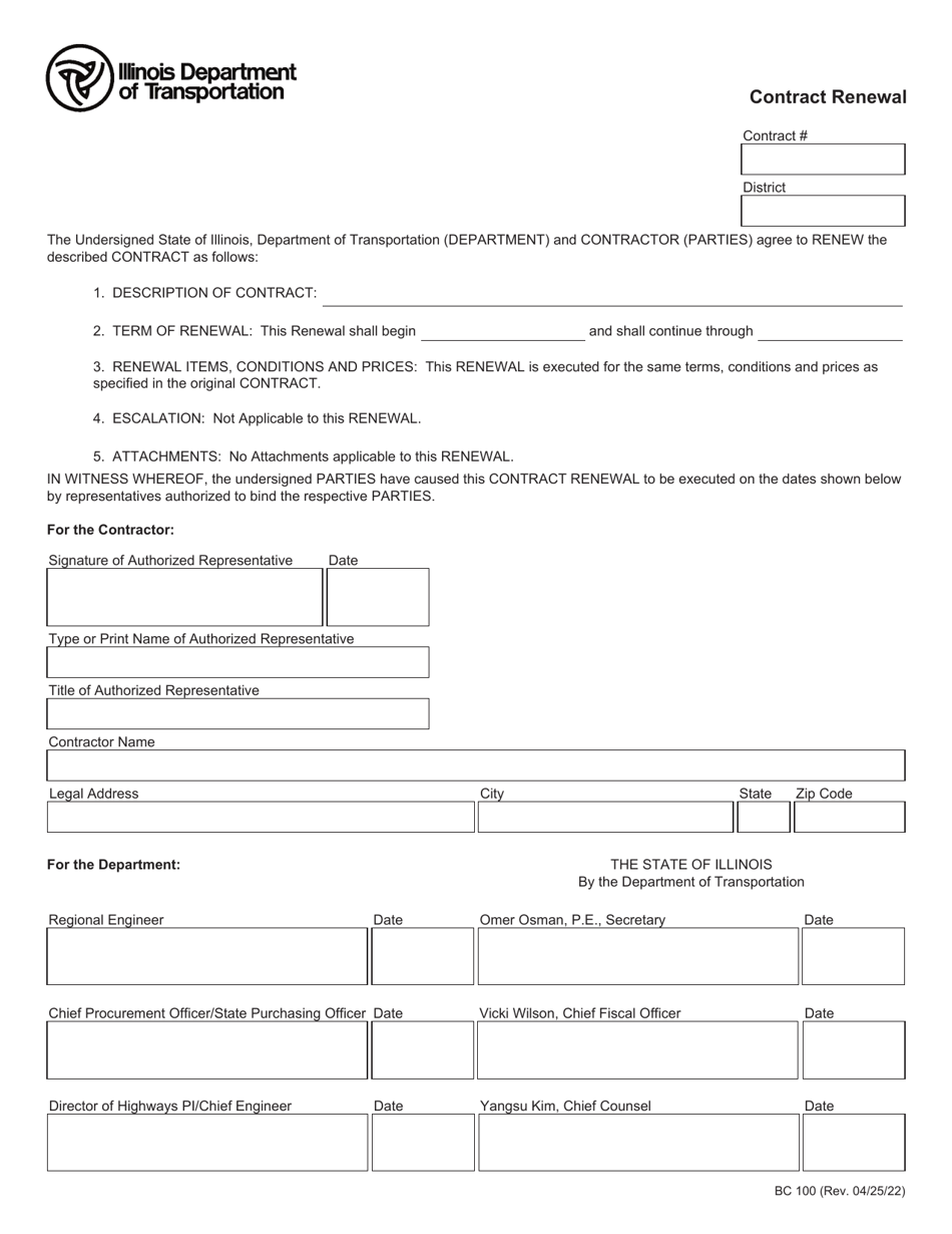 Form BC100 Download Fillable PDF or Fill Online Contract Renewal