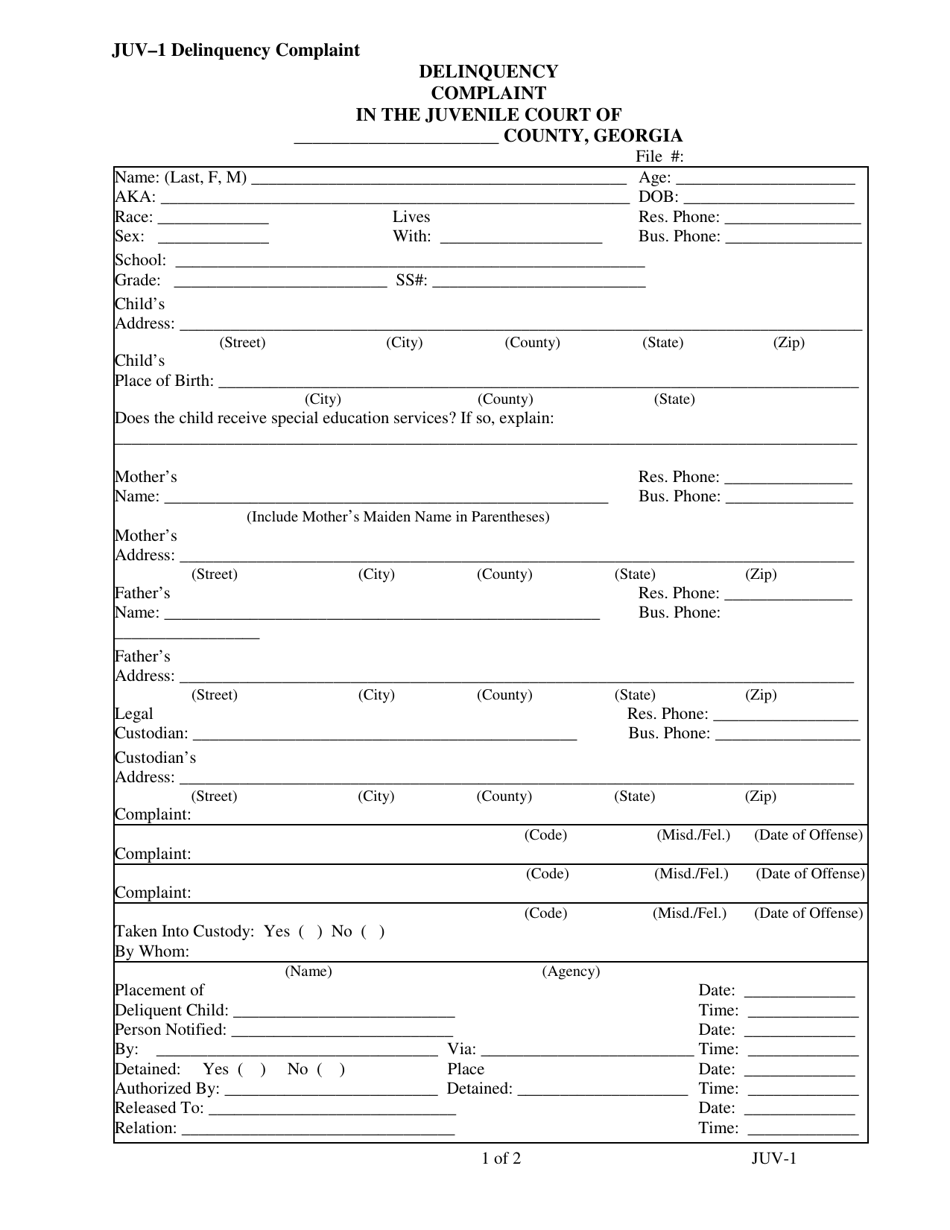 Form JUV-1 Delinquency Complaint - Georgia (United States), Page 1