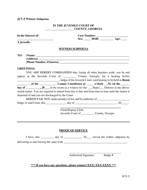 Form JUV-5 Witness Subpoena - Georgia (United States)