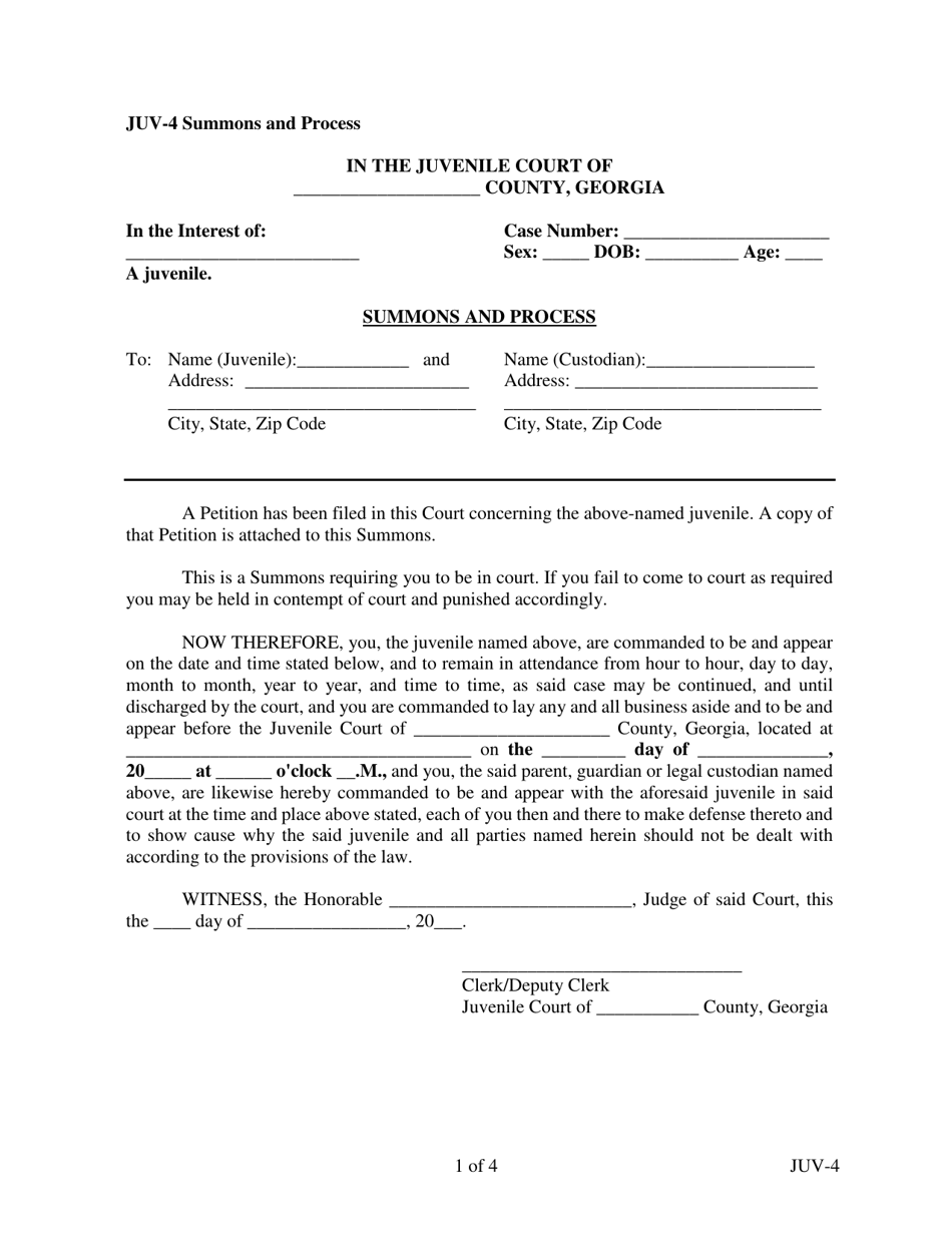 Form JUV-4 Summons and Process - Georgia (United States), Page 1