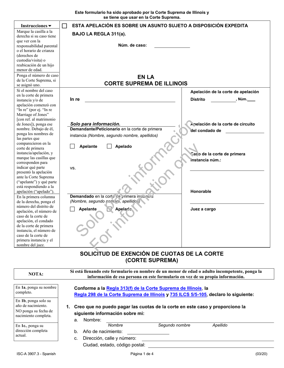 Formulario ISC-A3907.3 Solicitud De Exencion De Cuotas De La Corte (Corte Suprema) - Illinois (Spanish), Page 1