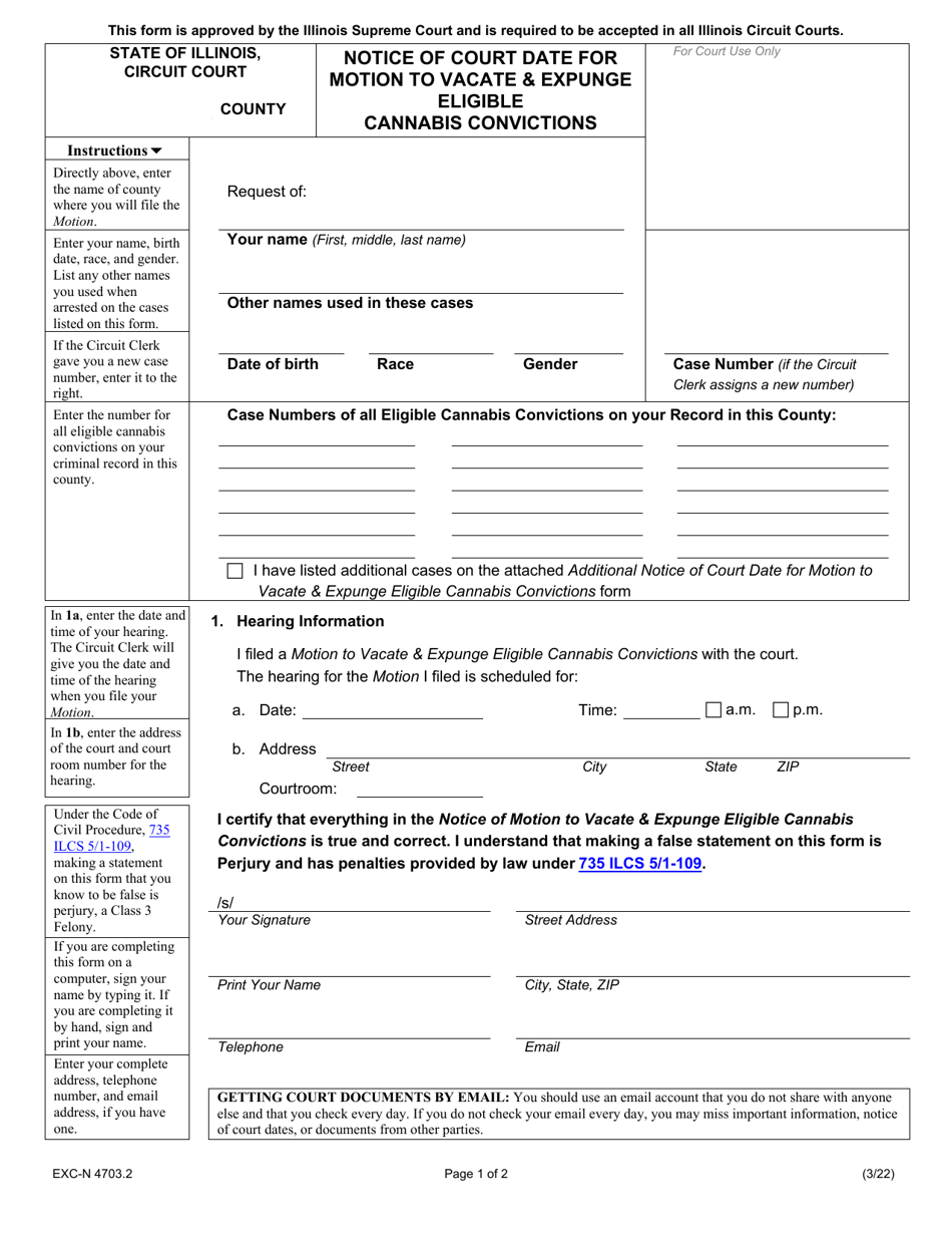 Form EXC-N4703.2 Notice of Court Date for Motion to Vacate  Expunge Eligible Cannabis Convictions - Illinois, Page 1