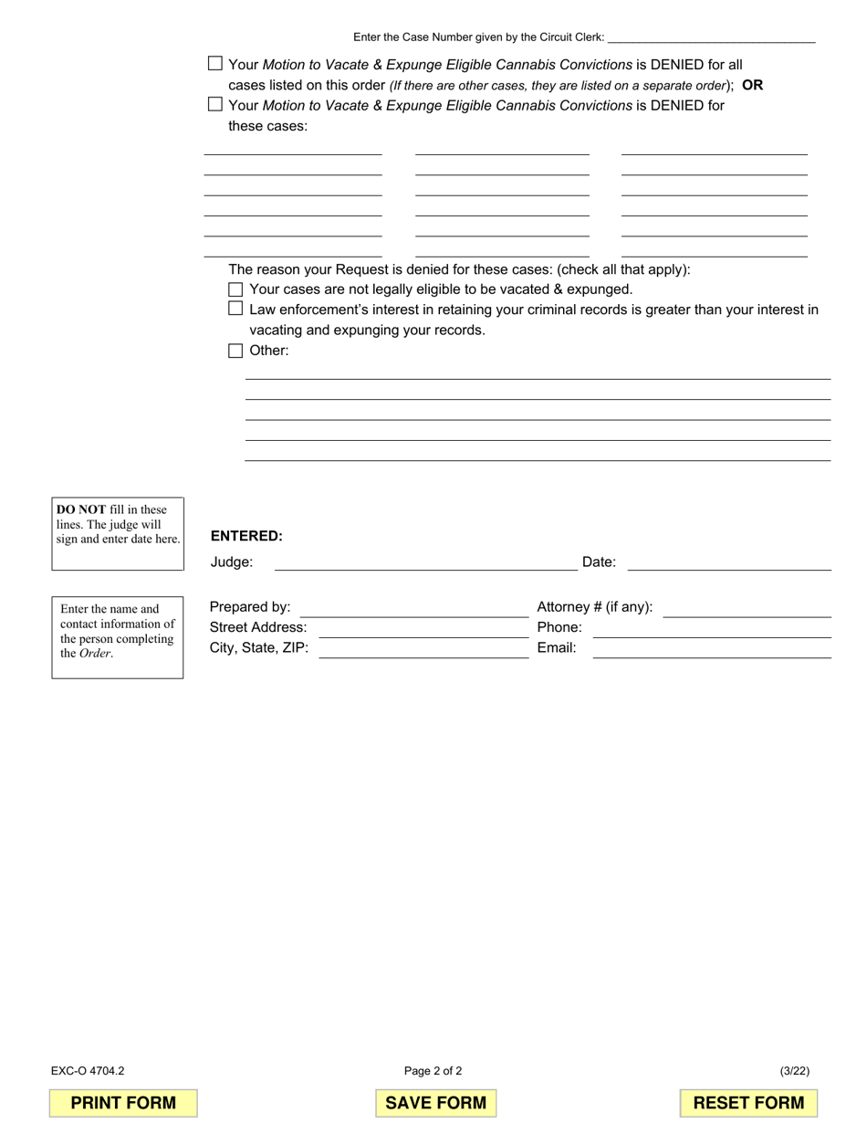 Form EXC-O4704.2 Order Granting or Denying Motion to Vacate  Expunge Eligible Cannabis Convictions - Illinois, Page 2