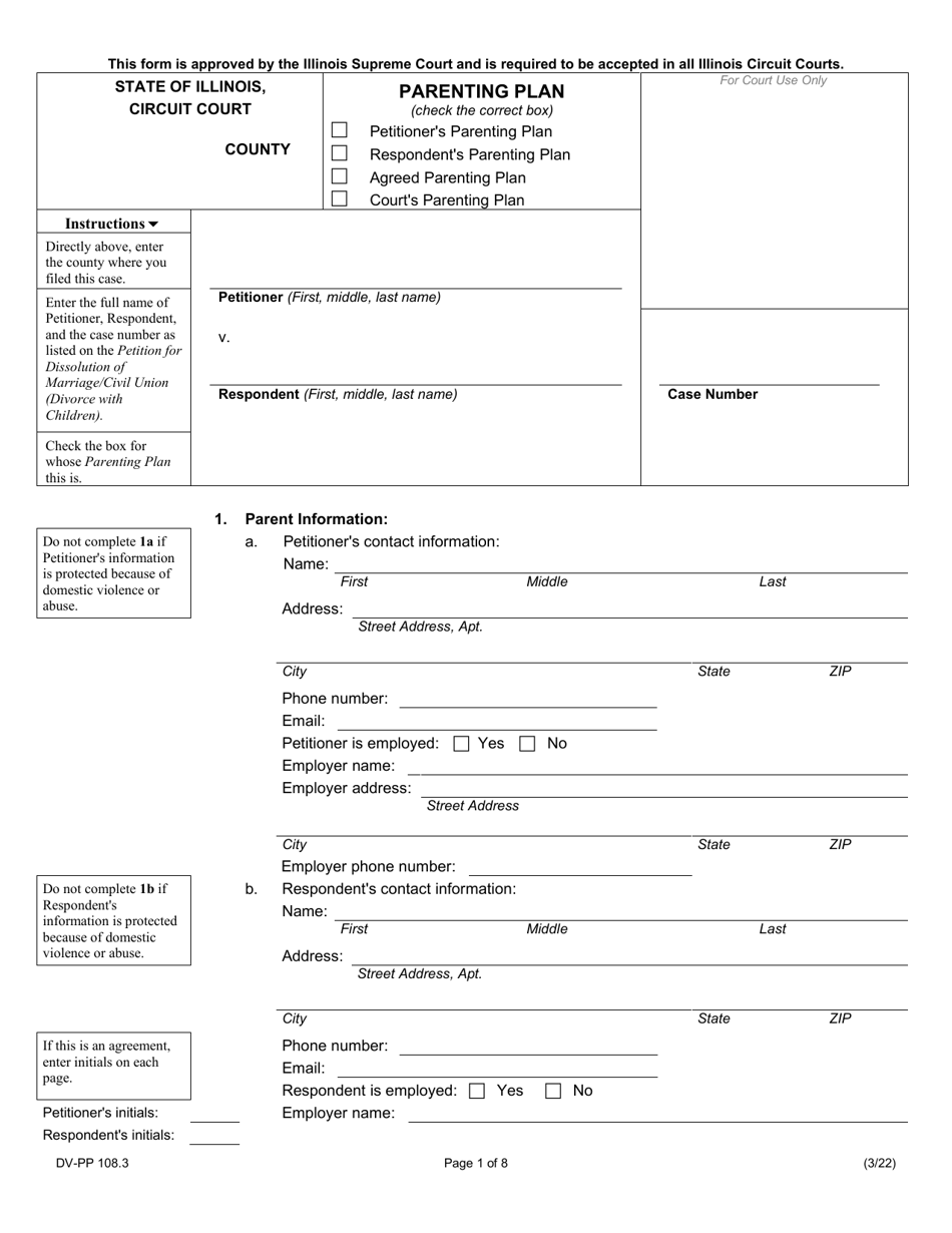 Form DV-PP108.3 Parenting Plan - Illinois, Page 1