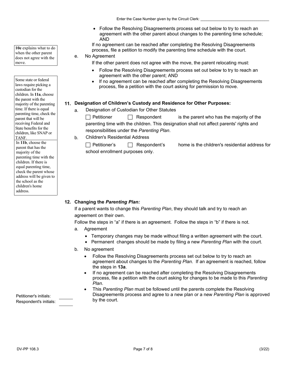 Form DVPP108.3 Download Fillable PDF or Fill Online Parenting Plan