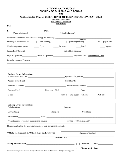 Application for Renewal Certificate of Business Occupancy - City of South Euclid, Ohio Download Pdf