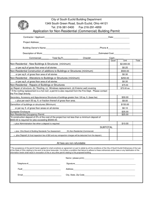 Application for Non-residential (Commercial) Building Permit - Ohio Download Pdf
