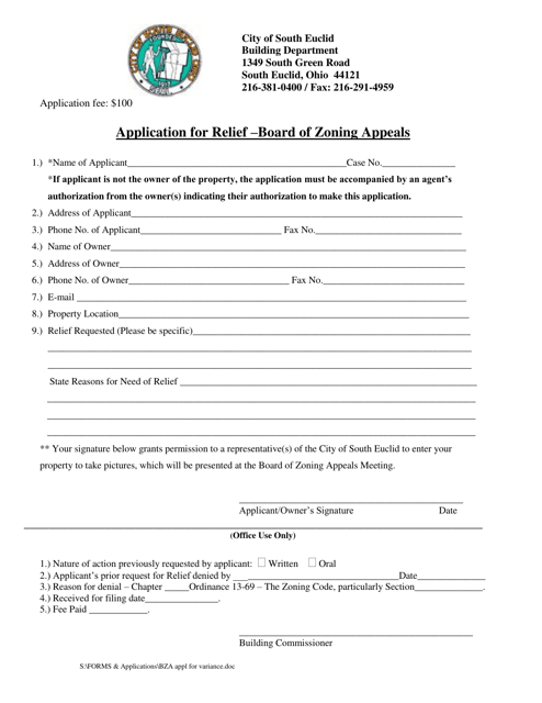 Application for Relief - Board of Zoning Appeals - City of South Euclid, Ohio
