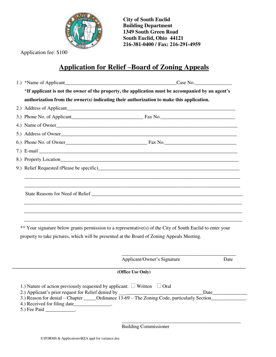 City of South Euclid, Ohio Application for Relief Board of Zoning Appeals Fill Out, Sign