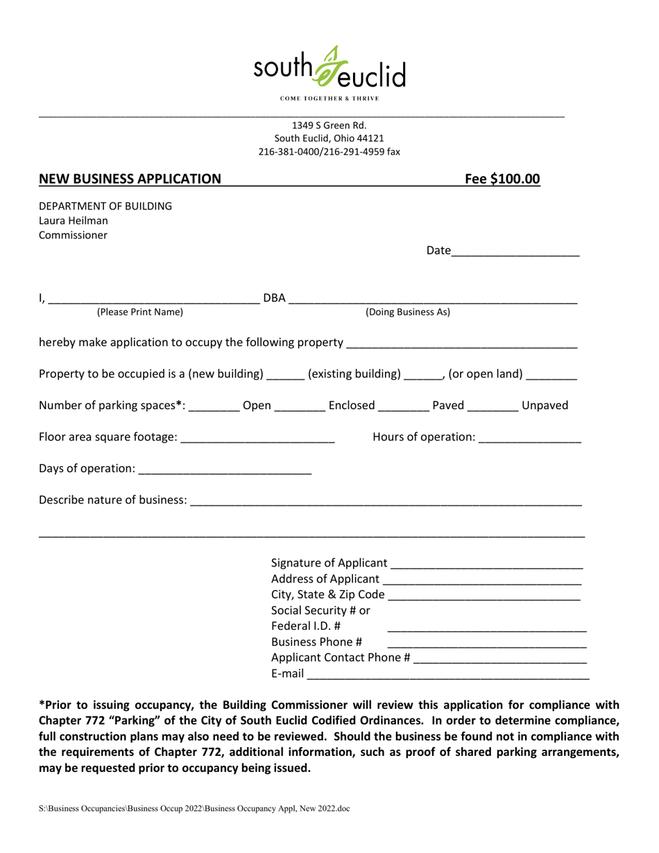 New Business Application - City of South Euclid, Ohio, Page 1