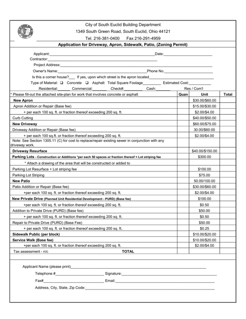 Application for Driveway, Apron, Sidewalk, Patio (Zoning Permit) - City of South Euclid, Ohio Download Pdf