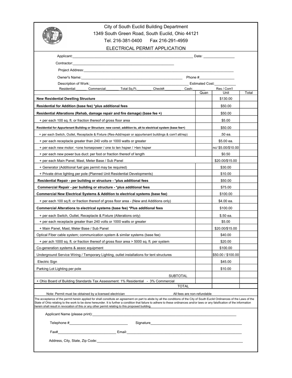 Electrical Permit Application - City of South Euclid, Ohio, Page 1