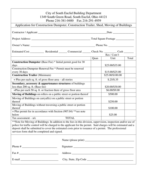 Application for Construction Dumpster, Construction Trailer, Shed, Moving of Buildings - City of South Euclid, Ohio Download Pdf