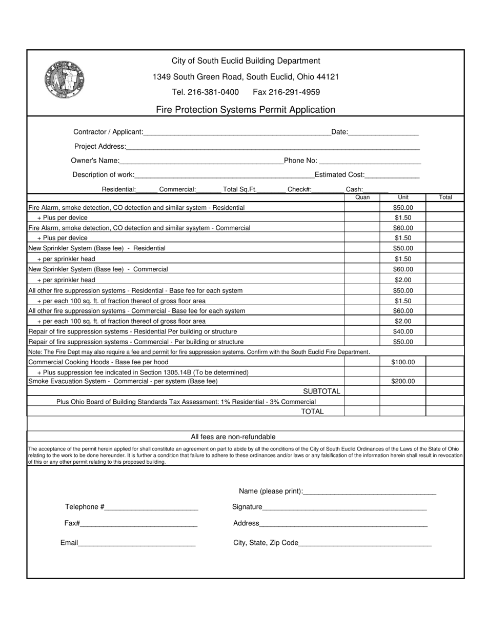 Fire Protection Systems Permit Application - City of South Euclid, Ohio, Page 1