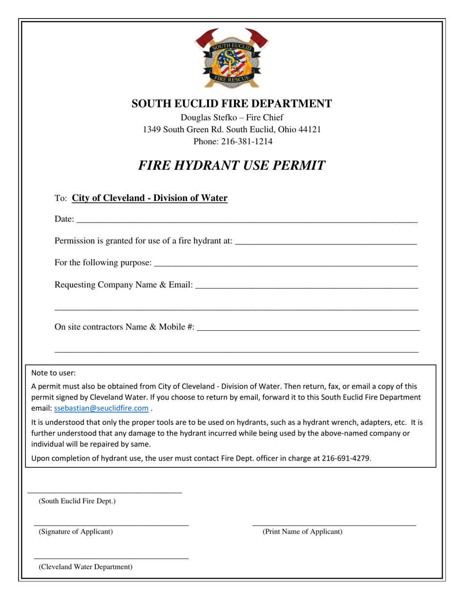 City of South Euclid, Ohio Fire Hydrant Use Permit Fill Out, Sign