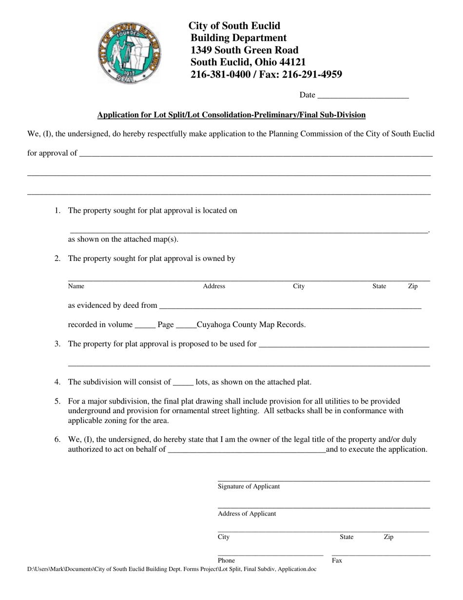 Application for Lot Split / Lot Consolidation-Preliminary / Final Sub-division - City of South Euclid, Ohio, Page 1