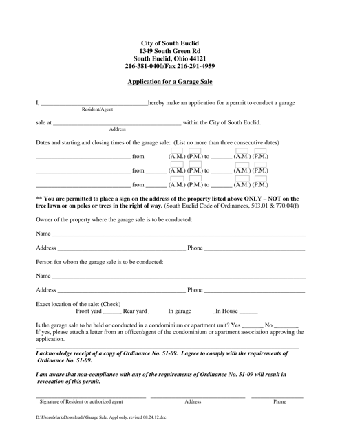 Application for a Garage Sale - City of South Euclid, Ohio Download Pdf