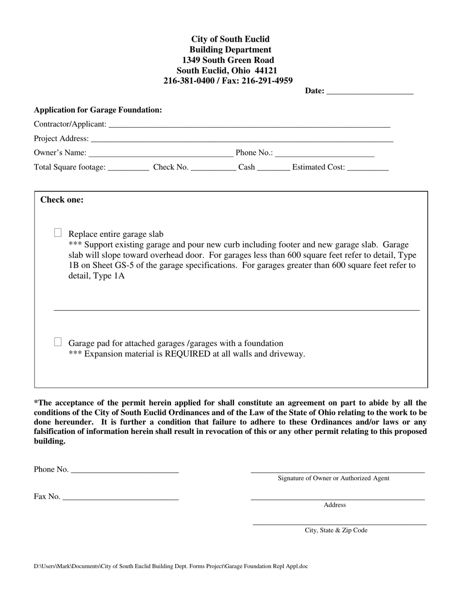 Garage Foundation Replacement Application - City of South Euclid, Ohio, Page 1