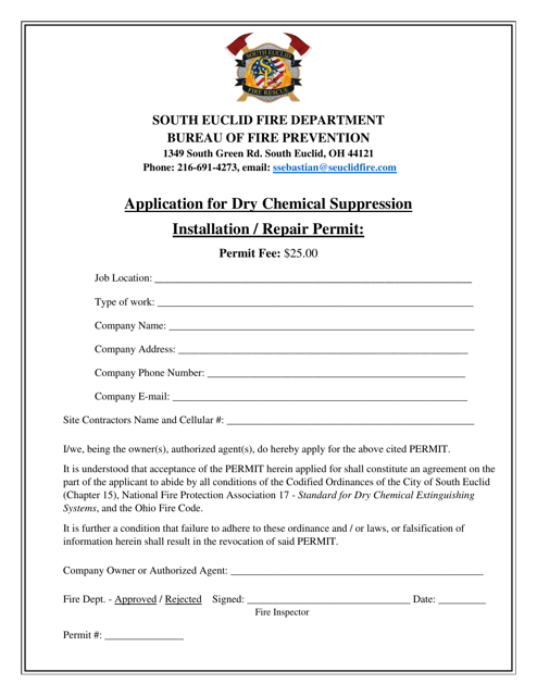 Application for Dry Chemical Suppression Installation / Repair Permit - City of South Euclid, Ohio Download Pdf