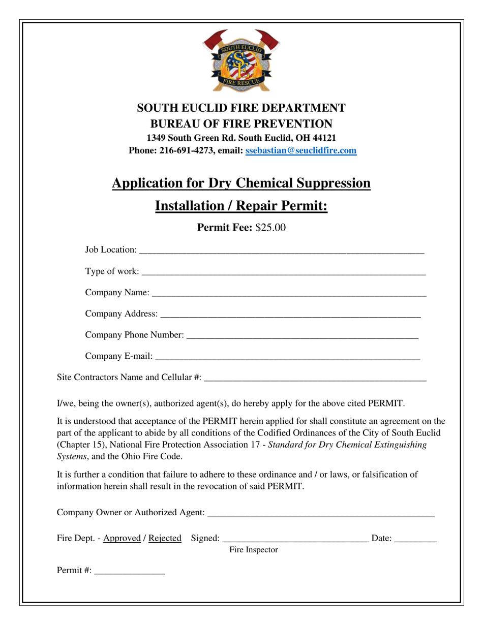 Application for Dry Chemical Suppression Installation / Repair Permit - City of South Euclid, Ohio, Page 1