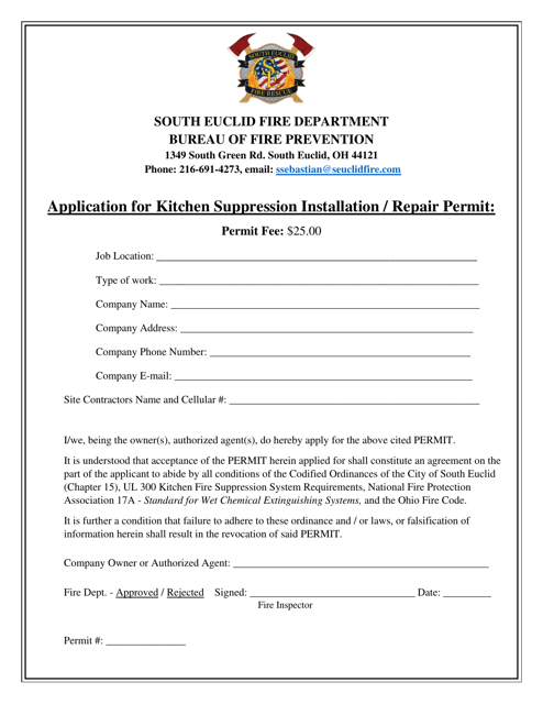 Application for Kitchen Suppression Installation / Repair Permit - City of South Euclid, Ohio Download Pdf