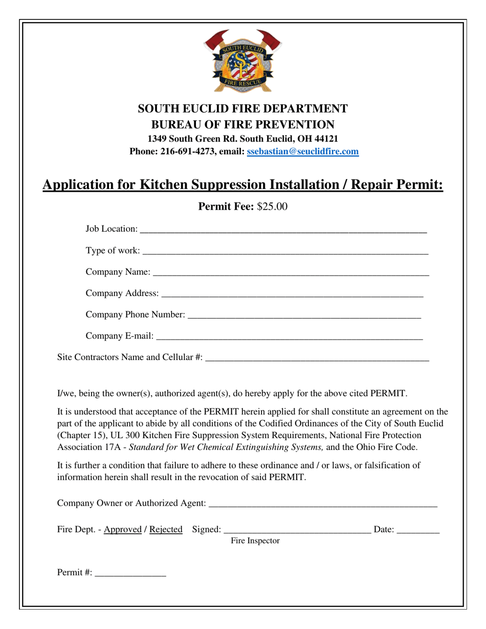 City of South Euclid, Ohio Application for Kitchen Suppression