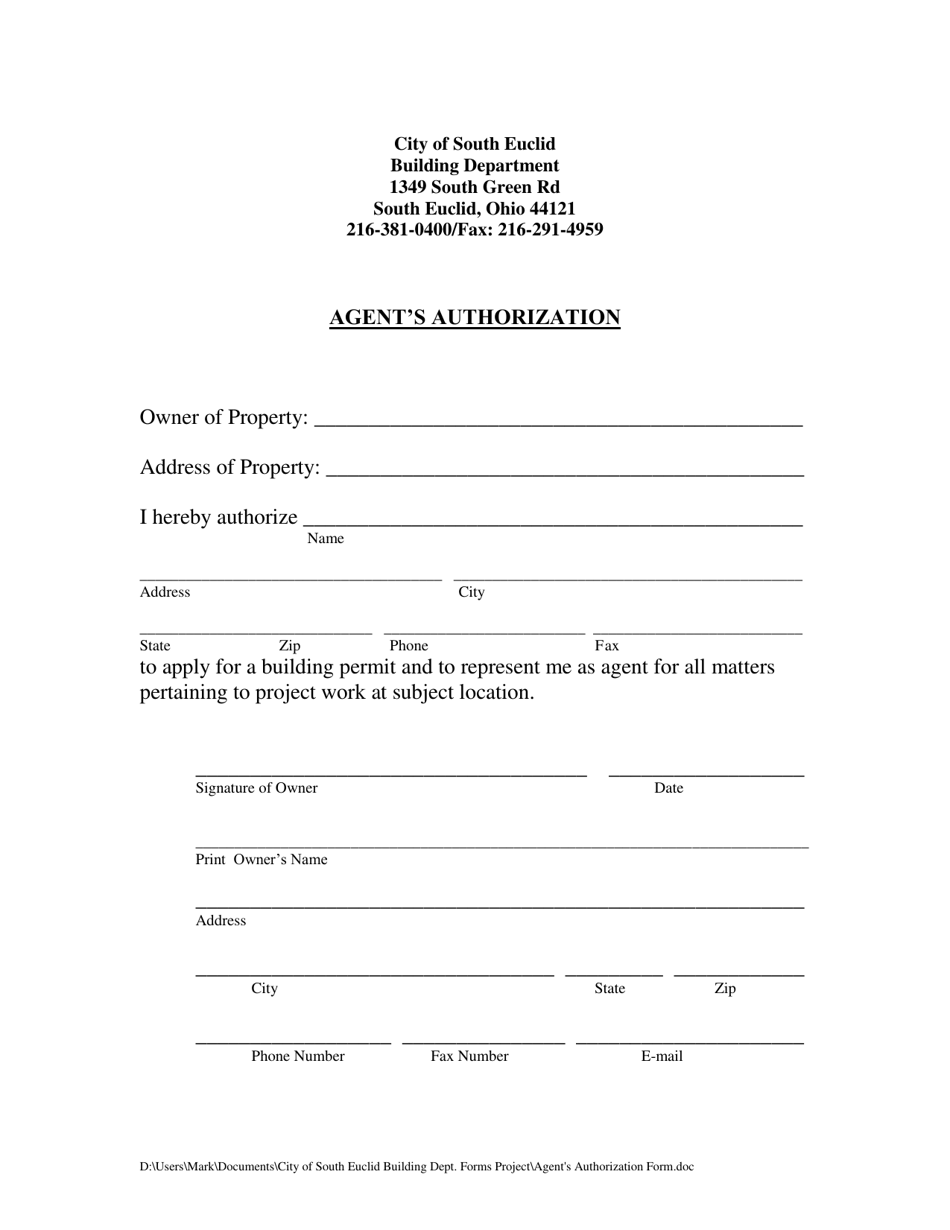 City of South Euclid, Ohio Agent's Authorization Download Fillable PDF
