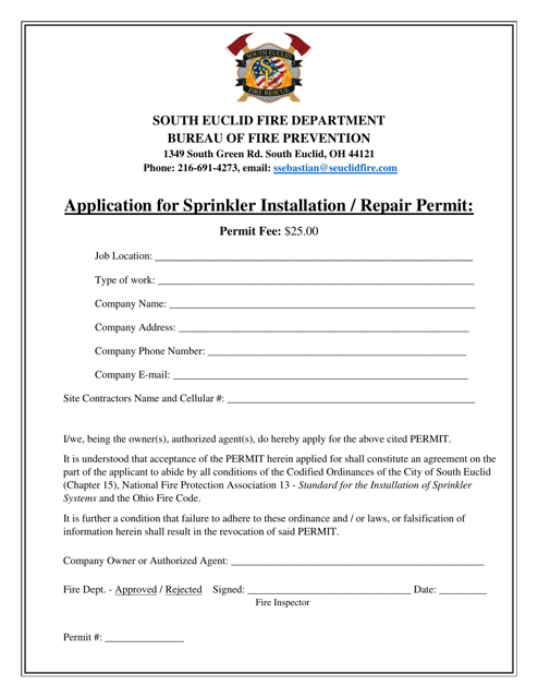 Application for Sprinkler Installation/Repair Permit - City of South Euclid, Ohio