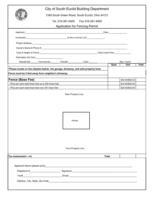 Application for Fencing Permit - City of South Euclid, Ohio Download Pdf