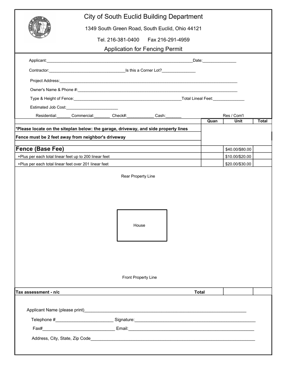 City of South Euclid, Ohio Application for Fencing Permit Fill Out