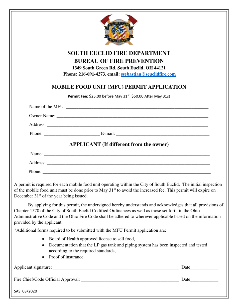 City of South Euclid, Ohio Mobile Food Unit (Mfu) Permit Application