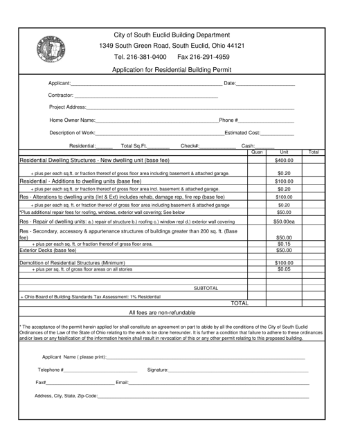 Application for Residential Building Permit - City of South Euclid, Ohio Download Pdf