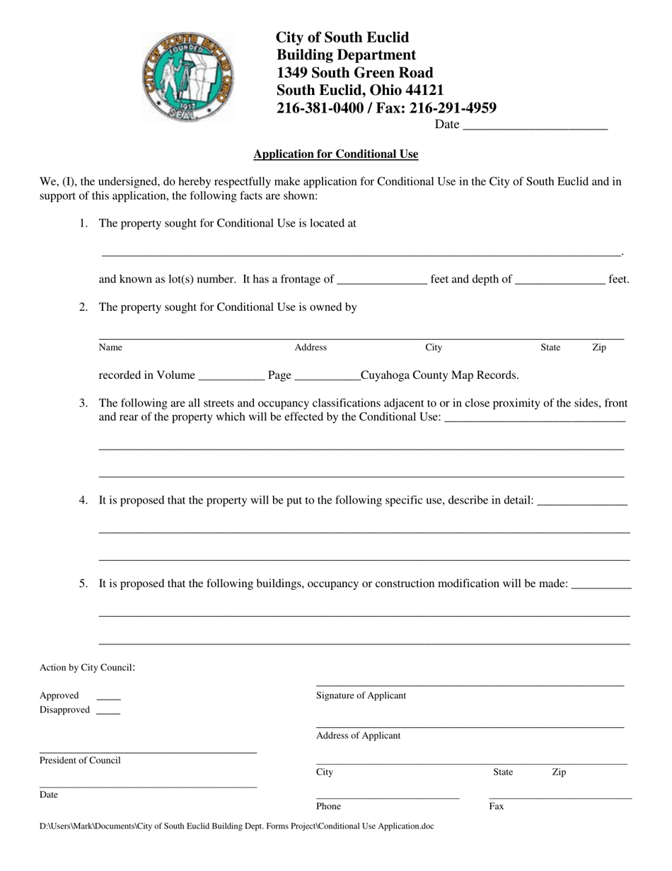Application for Conditional Use - City of South Euclid, Ohio, Page 1