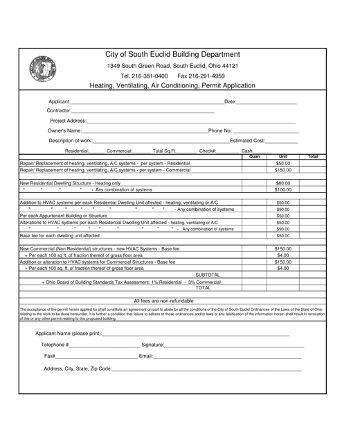 Heating, Ventilating, Air Conditioning, Permit Application - City of South Euclid, Ohio Download Pdf