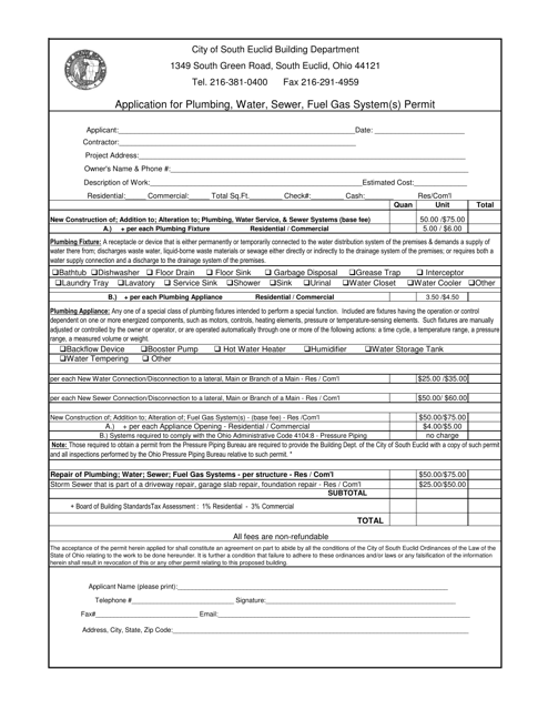 Application for Plumbing, Water, Sewer, Fuel Gas System(S) Permit - City of South Euclid, Ohio