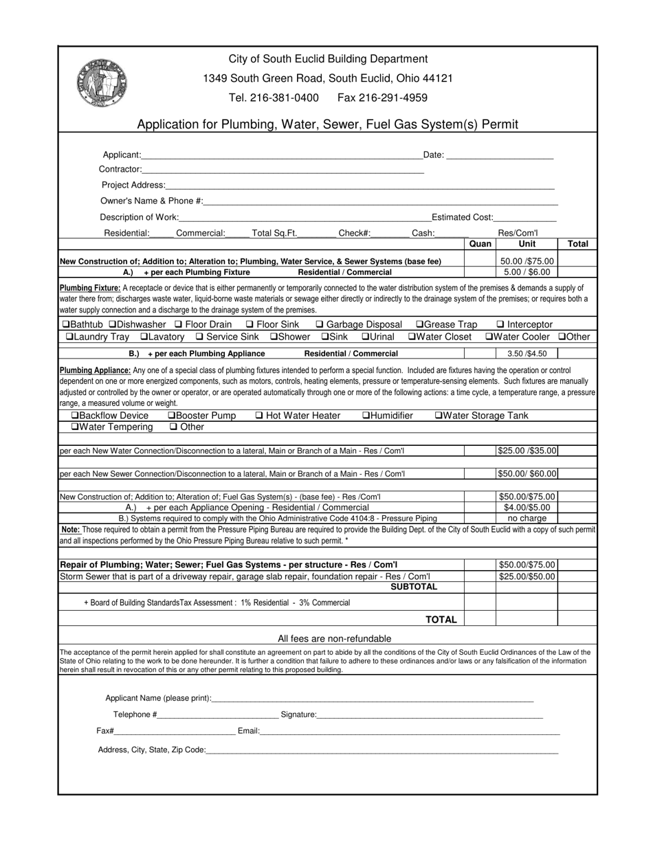 Application for Plumbing, Water, Sewer, Fuel Gas System(S) Permit - City of South Euclid, Ohio, Page 1
