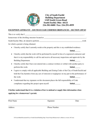 Document preview: Homeowner's Exception Affidavit - City of South Euclid, Ohio