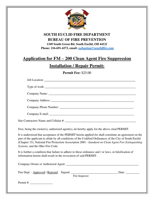 Application for Fm-200 Clean Agent Fire Suppression Installation / Repair Permit - City of South Euclid, Ohio Download Pdf