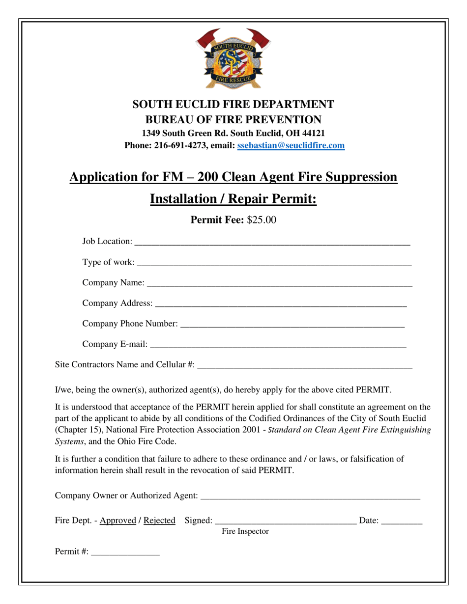 City of South Euclid, Ohio Application for Fm200 Clean Agent Fire