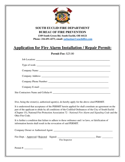 Application for Fire Alarm Installation / Repair Permit - City of South Euclid, Ohio Download Pdf
