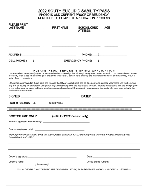 Disability Pass Form - City of South Euclid, Ohio Download Pdf
