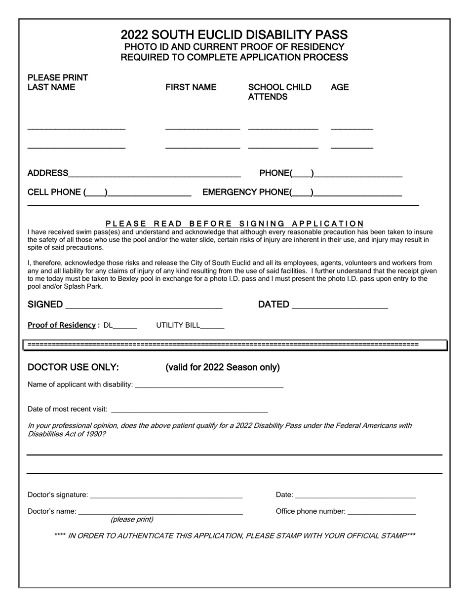 2022 City of South Euclid, Ohio Disability Pass Form Fill Out, Sign Online and Download PDF