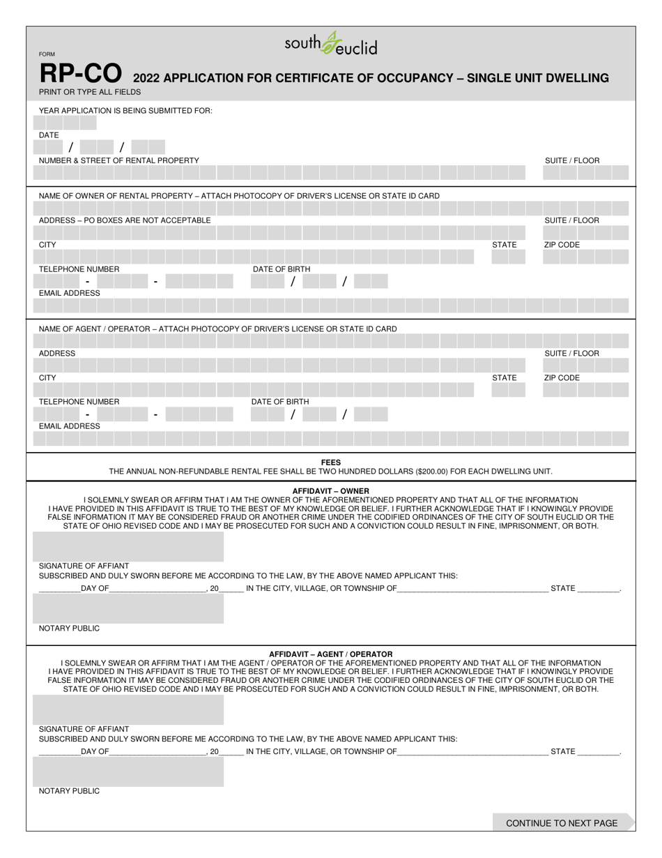 Form RP-CO Application for Certificate of Occupancy - Single Unit Dwelling - City of South Euclid, Ohio, Page 1