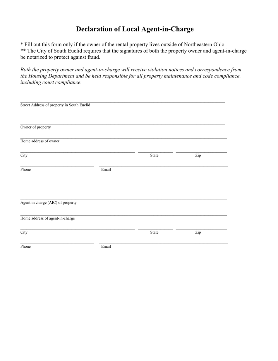 City of South Euclid, Ohio Declaration of Local AgentIncharge Fill