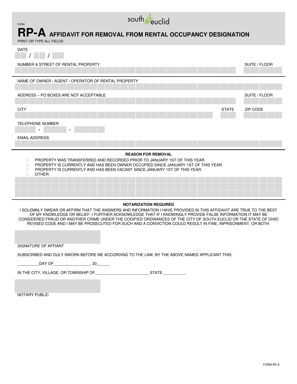 Form RP-A Affidavit for Removal From Rental Occupancy Designation - City of South Euclid, Ohio, Page 1