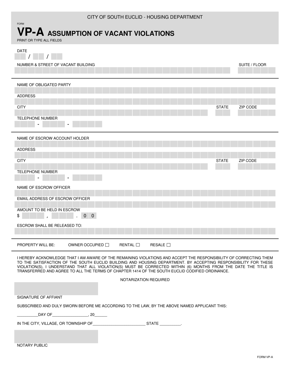 Form VP-A Assumption of Vacant Violations - City of South Euclid, Ohio, Page 1