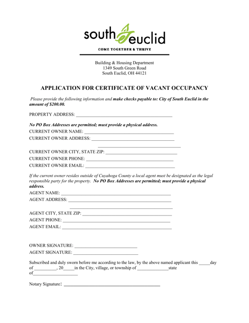City of South Euclid Ohio Application for Certificate of Vacant