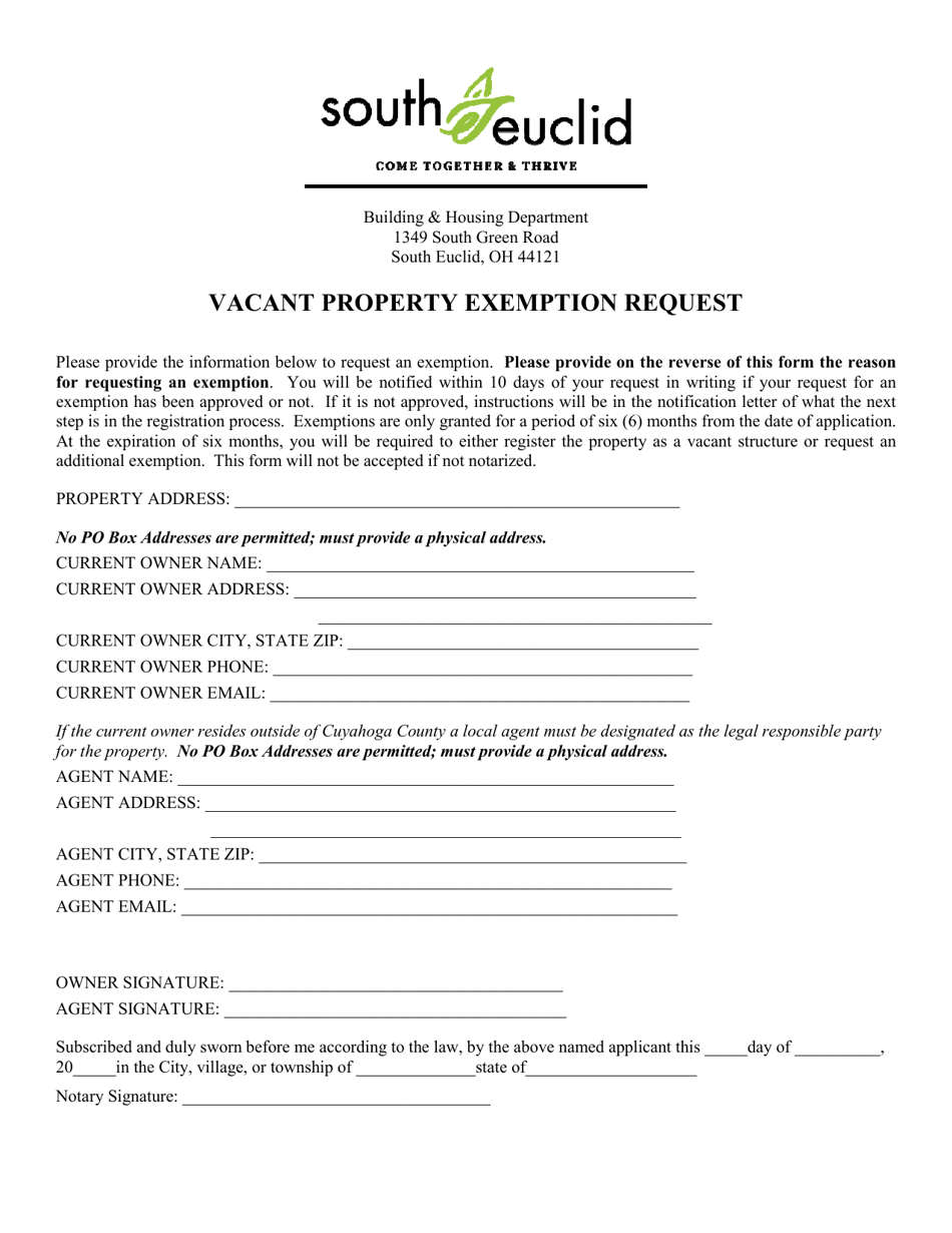 Vacant Property Exemption Request - City of South Euclid, Ohio, Page 1